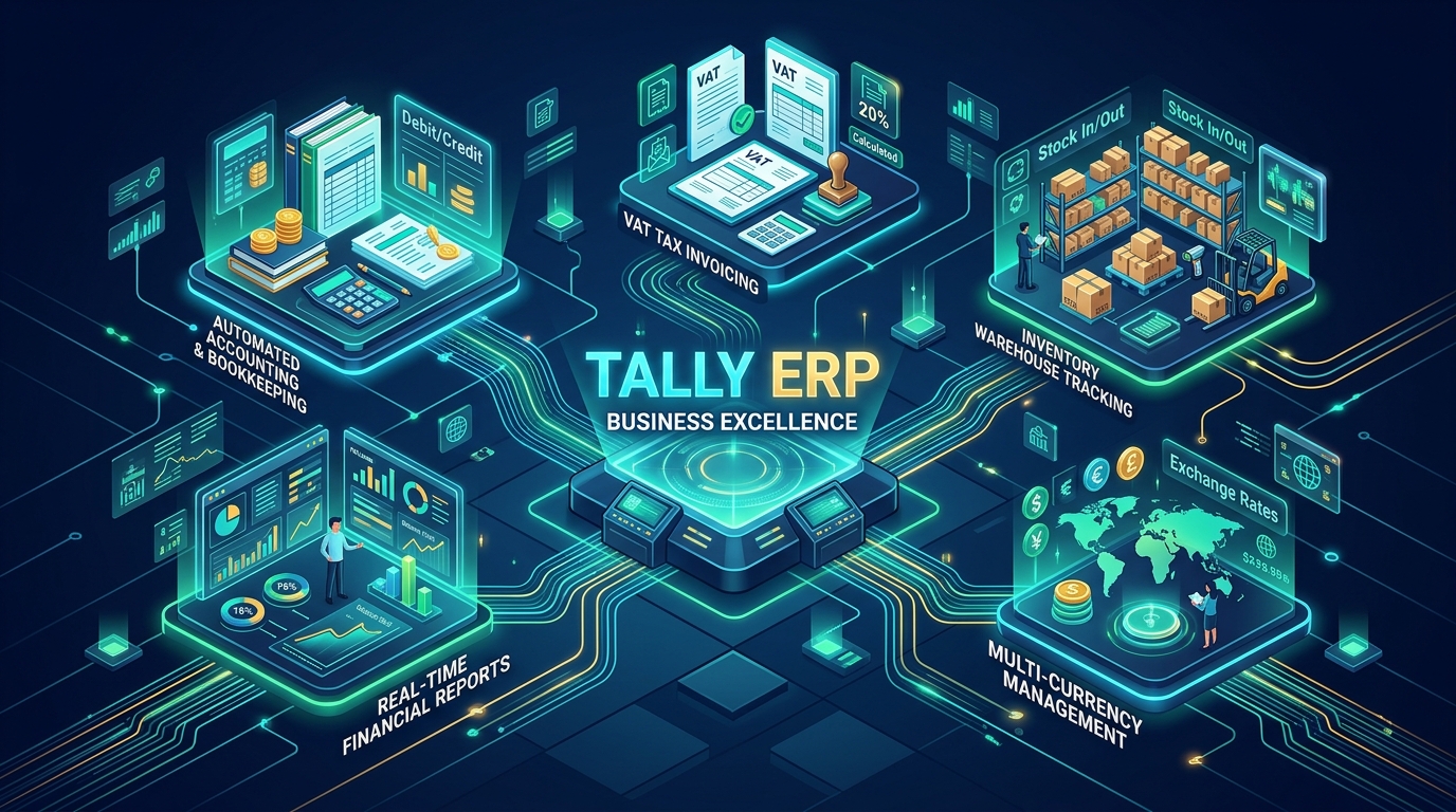 Tally ERP Business Management Matrix - Accounting, VAT Invoicing, Inventory, Multi-Currency and Financial Reporting