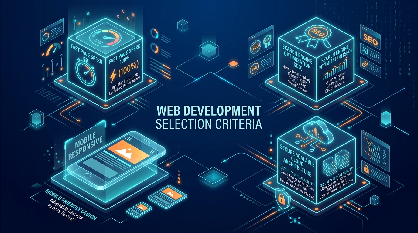 Modern Web Development Selection Criteria - Speed, SEO, Mobile Responsive and Secure Cloud Architecture